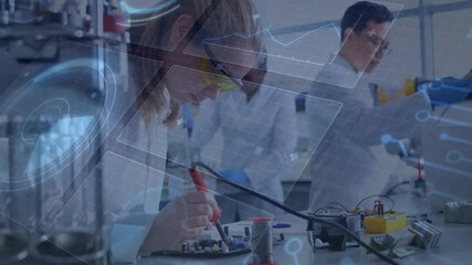 Aufkleber - Scientists working on electronics with digital data processing animation overlay