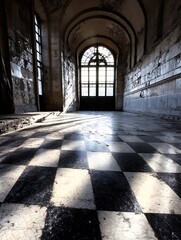 Poster - Interior view of an abandoned building showcasing distressed floor tiles and beautiful sunlight : Generative AI