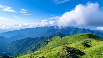 Poster - Expansive scenic view of rolling green hills and mountain range under a bright blue sky with fluffy clouds : Generative AI