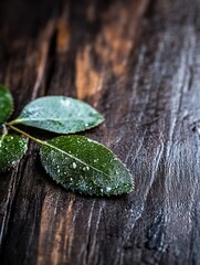 Aufkleber - Close up of leaves covered in water droplets resting on a wooden surface demonstrating nature's beauty : Generative AI