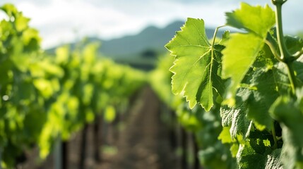 Poster - Lush Green Vineyard Leaves Glimmer Under the Gentle Morning Sunlight : Generative AI