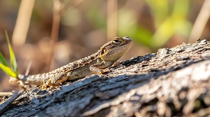 Aufkleber - Lizard resting on a log with vibrant colors and natural sunlight in a serene environment : Generative AI