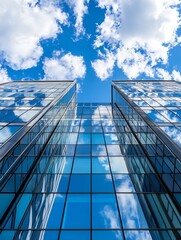Aufkleber - Stunning view of modern glass skyscrapers reflecting clouds and blue sky from below : Generative AI