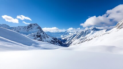 Aufkleber - Breathtaking landscape view of snowcovered mountains under a clear blue sky with fluffy clouds on a sunny day : Generative AI