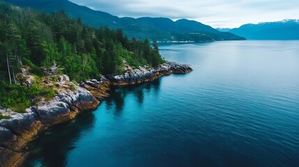 Aufkleber - Serene coastal view with lush greenery and calm waters reflecting the mountains in the distance : Generative AI