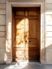 Leinwandbilder - Beautiful wooden door framed by shadows and light in an elegant architectural setting : Generative AI