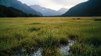 Aufkleber - Expansive green meadow with delicate flowers set against majestic mountainous backdrop : Generative AI