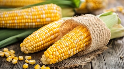Aufkleber - Freshly harvested corn cobs wrapped in burlap on a rustic wooden table for a farm fresh feel : Generative AI