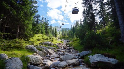 Poster - Breathtaking landscape featuring a cable car ascending through lush green forests and blue skies : Generative AI