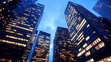 Leinwandbilder - Stunning view of skyscrapers at dusk showcasing vibrant city lights and towering architecture : Generative AI