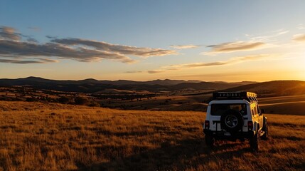 Aufkleber - Offroad vehicle parked on a hillside during a breathtaking sunset with expansive views : Generative AI