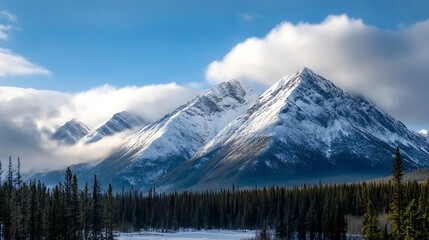 Poster - Majestic snowcapped mountains towering over a pristine landscape with pine trees and clear blue skies in the foreground : Generative AI