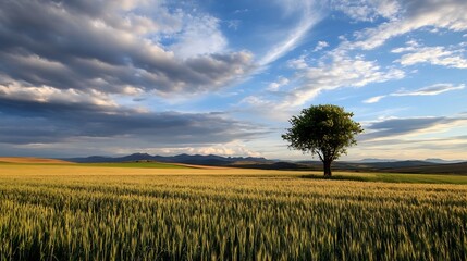 Aufkleber - Lush green landscape with a solitary tree against dramatic sky and mountains in the background : Generative AI