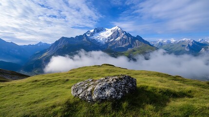 Aufkleber - Breathtaking landscape of majestic mountains surrounded by clouds and blue sky : Generative AI