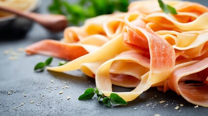Poster - Closeup of fresh pasta strips elegantly arranged on a dark surface with herbs for a culinary delight : Generative AI