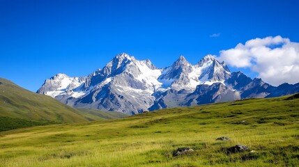 Aufkleber - Breathtaking scenic view of snow capped mountains and lush green valleys under a bright blue sky : Generative AI