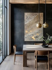 Aufkleber - Stylish Modern Dining Area Featuring Minimalist Design with Elegant Pendant Lights and a Natural Wood Table : Generative AI
