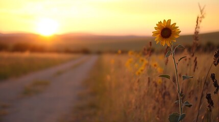 Aufkleber - Vibrant sunflower blooming at sunset casting golden light over serene countryside landscape : Generative AI