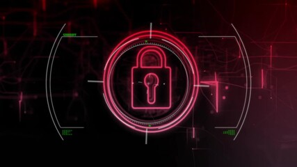 Poster - Glowing red padlock icon with animation on dark digital interface background