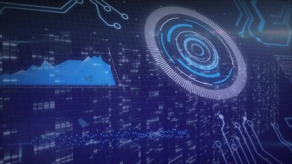 Poster - Animation of digital interface with graphs and circular patterns on blue grid