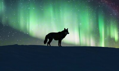 Wall Mural - A lone wolf stands on a snowy cliff, silhouetted against the glowing hues of an aurora borealis. The snow reflects faint green and purple light from the sky. Nature surreal aesthetic