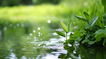 Aufkleber - Lush green plants thriving by a tranquil pond with gentle ripples reflecting sunlight and nature's beauty : Generative AI