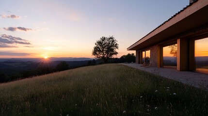 Aufkleber - Modern House on a Hilltop at Sunset with Panoramic View of Scenic Landscape and Sunset Colors : Generative AI