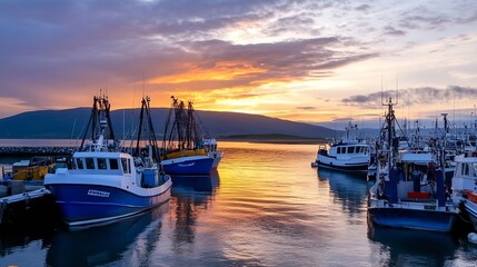 Poster - Beautiful sunset over fishing boats moored in calm waters with stunning landscape scenery : Generative AI