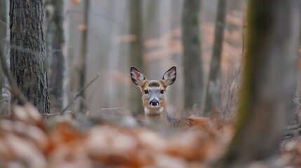 Poster - A curious deer peeking through the trees in a misty forest showcasing its beautiful features : Generative AI