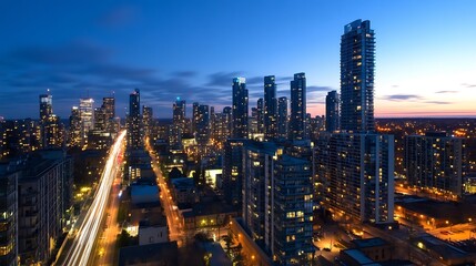 Poster - Stunning city skyline at twilight showcasing glowing skyscrapers and traffic lights in an urban landscape : Generative AI
