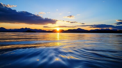 Poster - Stunning sunset reflecting on calm water with dramatic clouds over mountain silhouette in vibrant sky : Generative AI