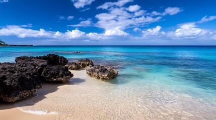 Aufkleber - Breathtaking Tropical Beach with Clear Blue Water and Cloudy Sky Perfect for Relaxation : Generative AI