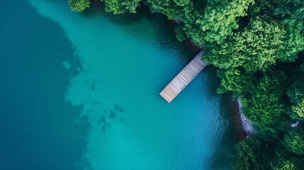 Poster - Stunning aerial view of a serene lake with a wooden pier surrounded by lush green trees : Generative AI