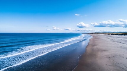 Poster - Panoramic view of a tranquil beach with gentle waves and clear blue skies over soft sandy shores : Generative AI