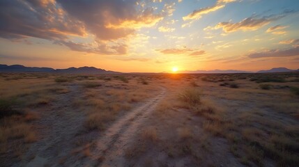 Poster - Breathtaking desert landscape at sunset with vibrant colors spreading across the horizon and rugged terrain : Generative AI