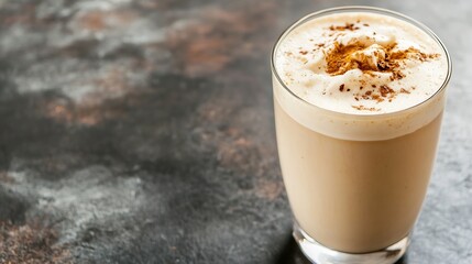 Poster - Delicious creamy coffee beverage topped with foam and spices in a glass on a rustic table : Generative AI