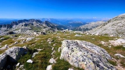 Poster - Breathtaking mountain landscape under a clear blue sky showcasing natural beauty and rugged terrain : Generative AI