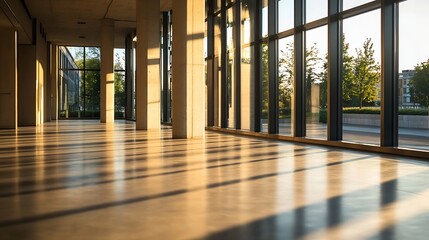 Aufkleber - Brightly lit modern hallway with large windows casting shadows in elegant architecture : Generative AI