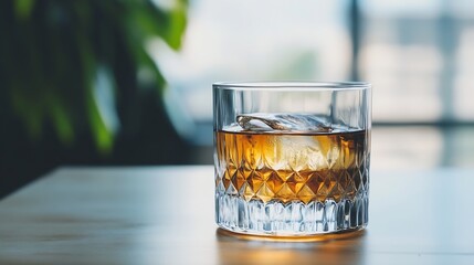 Aufkleber - Whiskey glass filled with ice on a wooden table showcasing modern bar design and ambiance : Generative AI