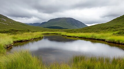 Poster - Peaceful river weaving through green landscapes and mountains under a moody sky : Generative AI