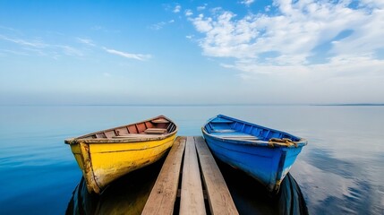 Poster - Two colorful wooden boats anchored at a tranquil lake with clear blue skies and serene water : Generative AI