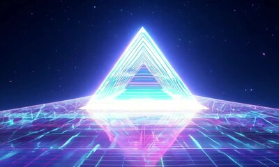 Wall Mural - A glowing holographic pyramid floats in a dark void, its layers shifting and pulsing with neon pink, green, and blue light. Abstract futuristic aesthetic