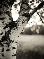 Leinwandbilder - Charming monochrome closeup of a birch tree trunk highlighting its intricate texture and natural beauty in a serene setting : Generative AI
