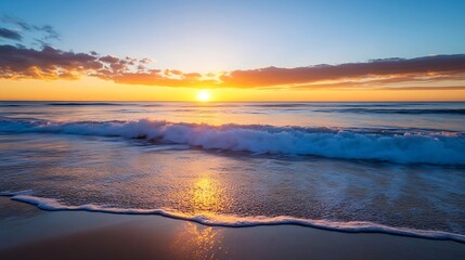 Poster - Breathtaking sunset over tranquil ocean waves reflecting a vibrant orange and blue sky : Generative AI