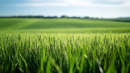 Poster - Lush green grass field stretching into the distance under bright sunlight showcasing nature's beauty : Generative AI