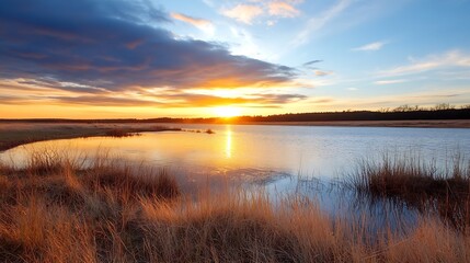 Aufkleber - Serene lake view during sunset with calm water reflecting the vibrant sky and lush grass : Generative AI