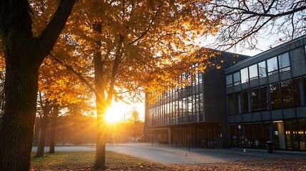 Poster - Golden sunlight filtering through autumn leaves in a park with modern architecture in the background : Generative AI