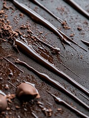 Poster - Close up view of rich dark chocolate texture and drizzled melted chocolate on a dark background : Generative AI