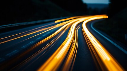 Poster - Long exposure photo of illuminated car lights creating a stunning blur effect on a winding road at night : Generative AI