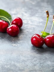 Poster - Fresh and Juicy Red Cherries Glimmering on a Stone Surface with Green Leaves : Generative AI